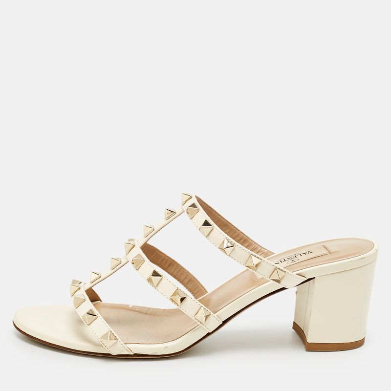 Valentino Cream Leather Rockstud Slide Sandals Size 37.5